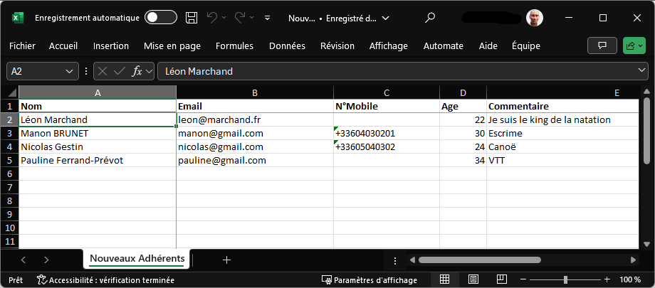 Fichier excel des nouveaux adhérents